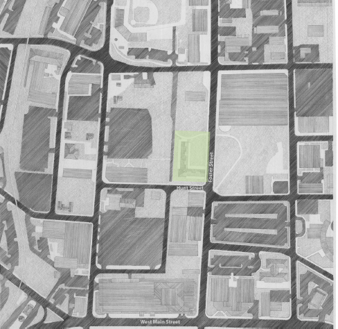 Plan drawing showing the market pavilion. A colored square highlights the pavilion.