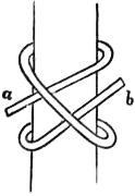 A black-and-white line drawing of a clove hitch knot tied around a vertical pole, with two loops crossing over and the working end exiting to the right.