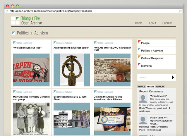 A screenshot of the “Politics & Activism” section of the Triangle Fire Open Archive website. Some of the titles of subpages include “We still mourn our loss” and “An investment in worker safety.