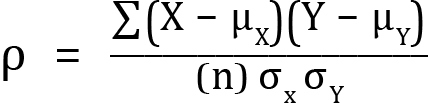 <mml:math xmlns:mml="http://www.w3.org/1998/Math/MathML" xmlns:m="http://schemas.openxmlformats.org/officeDocument/2006/math" display="block"><mml:mi mathvariant="normal">ρ</mml:mi><mml:mo>=</mml:mo><mml:mfrac><mml:mrow><mml:mrow><mml:mo stretchy="false">∑</mml:mo><mml:mrow><mml:mfenced separators="|"><mml:mrow><mml:mi mathvariant="normal">X</mml:mi><mml:mo>-</mml:mo><mml:msub><mml:mrow><mml:mi mathvariant="normal">μ</mml:mi></mml:mrow><mml:mrow><mml:mi mathvariant="normal">X</mml:mi></mml:mrow></mml:msub></mml:mrow></mml:mfenced></mml:mrow></mml:mrow><mml:mfenced separators="|"><mml:mrow><mml:mi mathvariant="normal">Y</mml:mi><mml:mo>-</mml:mo><mml:msub><mml:mrow><mml:mi mathvariant="normal">μ</mml:mi></mml:mrow><mml:mrow><mml:mi mathvariant="normal">Y</mml:mi></mml:mrow></mml:msub></mml:mrow></mml:mfenced></mml:mrow><mml:mrow><mml:mfenced separators="|"><mml:mrow><mml:mi mathvariant="normal">n</mml:mi></mml:mrow></mml:mfenced><mml:msub><mml:mrow><mml:mi mathvariant="normal">σ</mml:mi></mml:mrow><mml:mrow><mml:mi mathvariant="normal">x</mml:mi></mml:mrow></mml:msub><mml:msub><mml:mrow><mml:mi mathvariant="normal">σ</mml:mi></mml:mrow><mml:mrow><mml:mi mathvariant="normal">Y</mml:mi></mml:mrow></mml:msub></mml:mrow></mml:mfrac></mml:math>