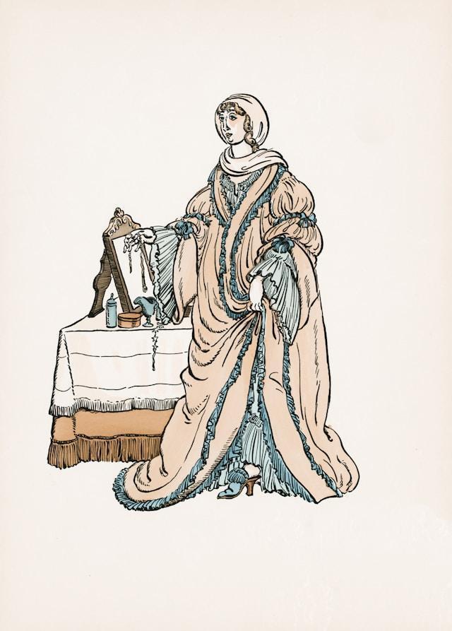 Illustration of a person in an elaborate, flowing medieval-style gown with a headpiece, standing beside a table. The table holds a mirror, a perfume bottle, and draped jewelry. The gown features fur-like trim and intricate designs.