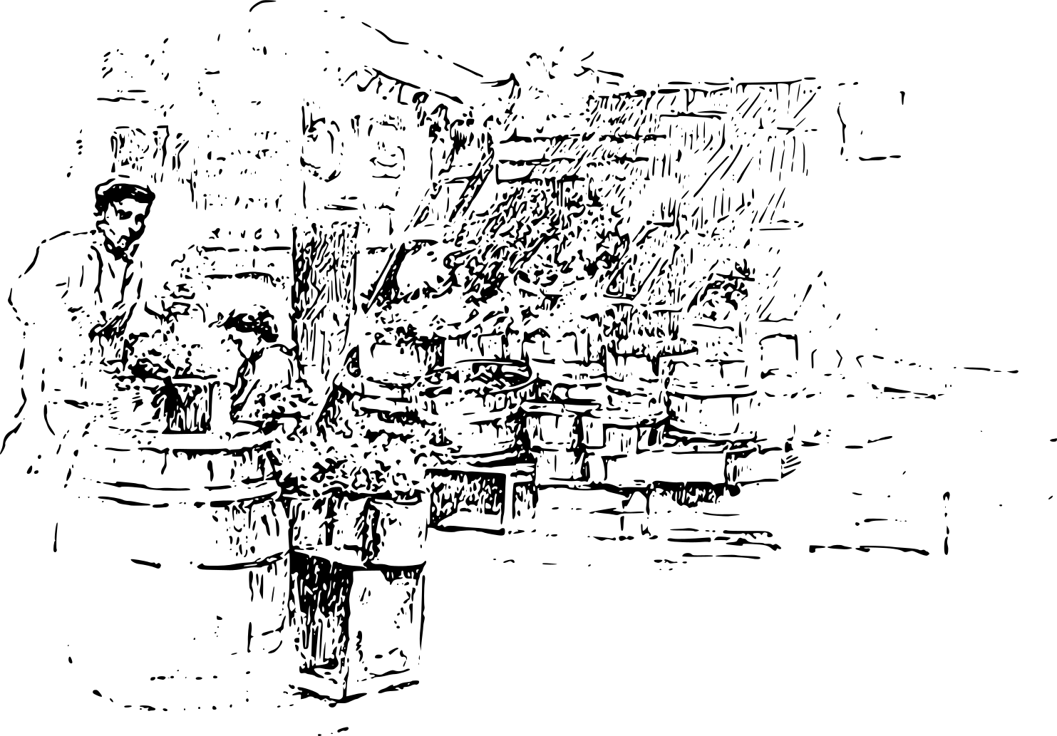 An illustration of a man at a barrel in a factory.