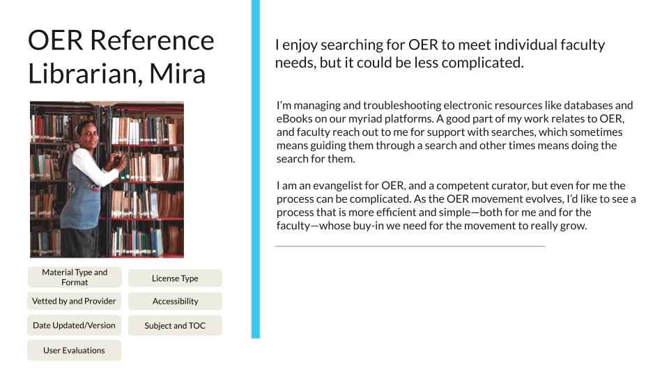 Persona description for OER Reference Librarian persona, Mira