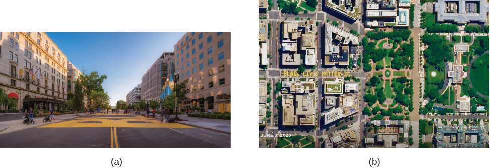 Photo A shows a street from ground level with large yellow letters painted; a “B” is visible. Photo B shows an aerial view of a street painted with the phrase “Black Lives Matter.”
