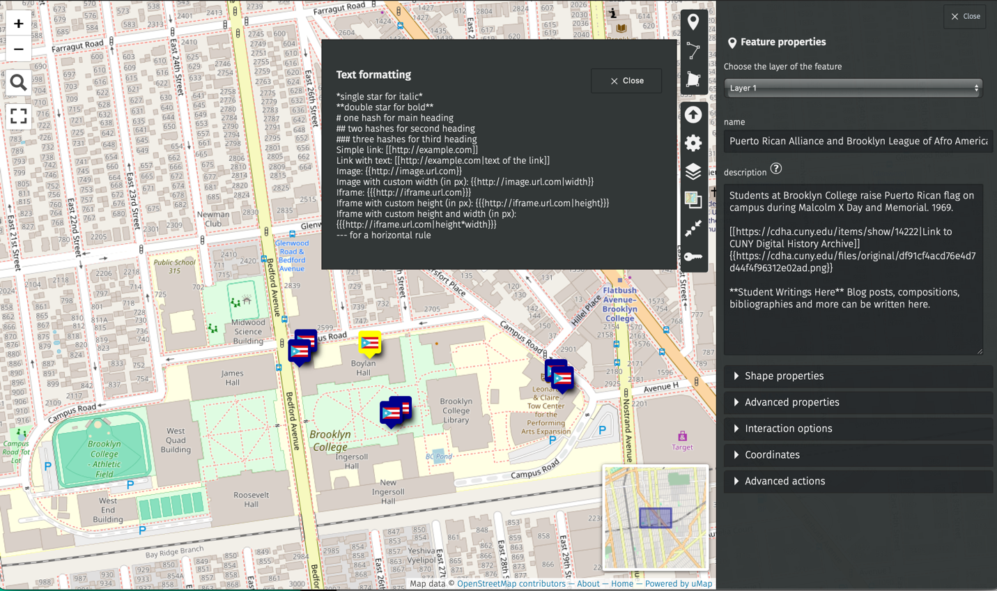 A Screenshot of the edit window for the uMap program. A text formatting dialogue box is depicted on the  middle area of the screen and the description dialogue is depicted on the right of the screen where users can type and format texts.