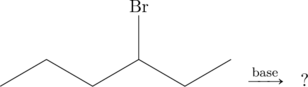 \begin{array}{ccc} \chemfig{-[:30]-[:-30]-[:30](-[:90]Br)-[:-30]-[:30]}&\xrightarrow{\text{base}}&? \end{array}