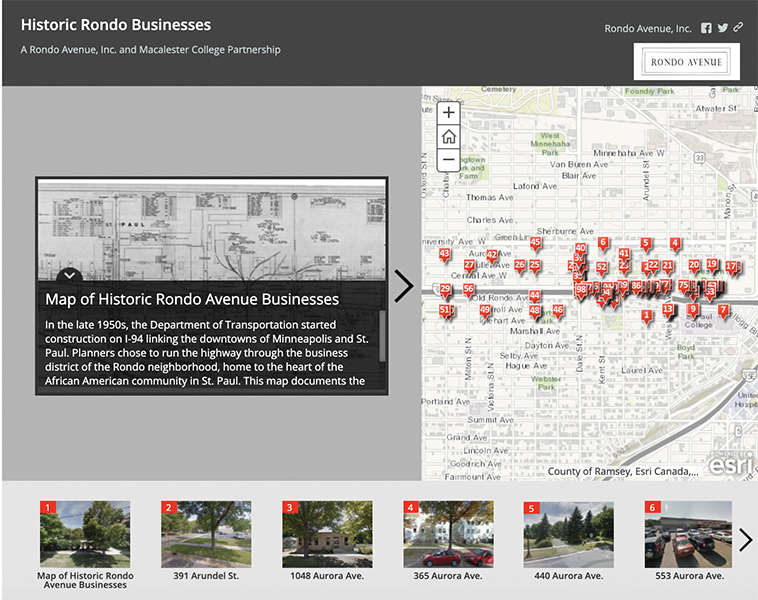 Screenshot of the map of historic Rondo businesses. The map has a large picture of the current address on the right, and text explaining the businesses on the left. Below are thumbnail-sized images of each address for additional navigation.
