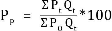 <mml:math xmlns:mml="http://www.w3.org/1998/Math/MathML" xmlns:m="http://schemas.openxmlformats.org/officeDocument/2006/math" display="block"><mml:msub><mml:mrow><mml:mi mathvariant="normal">P</mml:mi></mml:mrow><mml:mrow><mml:mi mathvariant="normal">P</mml:mi></mml:mrow></mml:msub><mml:mo>=</mml:mo><mml:mfrac><mml:mrow><mml:mi mathvariant="normal">Σ</mml:mi><mml:msub><mml:mrow><mml:mi mathvariant="normal">P</mml:mi></mml:mrow><mml:mrow><mml:mi mathvariant="normal">t</mml:mi></mml:mrow></mml:msub><mml:msub><mml:mrow><mml:mi mathvariant="normal">Q</mml:mi></mml:mrow><mml:mrow><mml:mi mathvariant="normal">t</mml:mi></mml:mrow></mml:msub></mml:mrow><mml:mrow><mml:mi mathvariant="normal">Σ</mml:mi><mml:msub><mml:mrow><mml:mi mathvariant="normal">P</mml:mi></mml:mrow><mml:mrow><mml:mi mathvariant="normal">O</mml:mi></mml:mrow></mml:msub><mml:msub><mml:mrow><mml:mi mathvariant="normal">Q</mml:mi></mml:mrow><mml:mrow><mml:mi mathvariant="normal">t</mml:mi></mml:mrow></mml:msub></mml:mrow></mml:mfrac><mml:mi mathvariant="normal">*</mml:mi><mml:mn>10</mml:mn><mml:mn>0</mml:mn></mml:math>