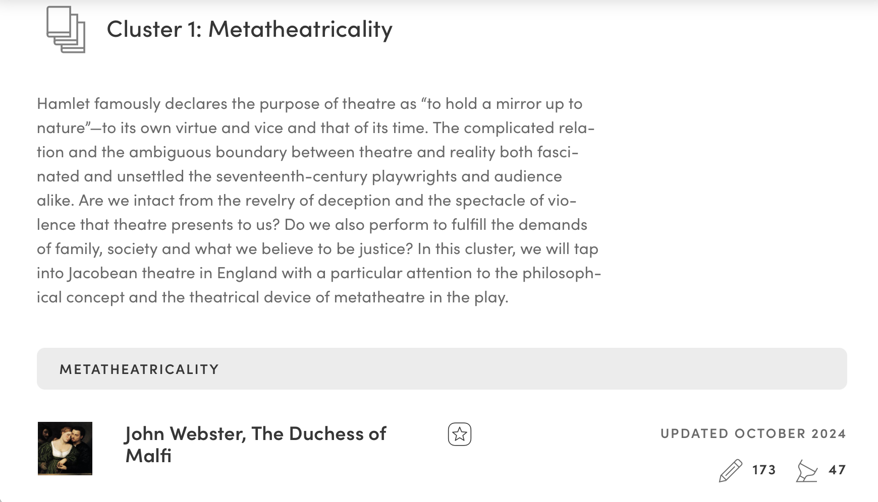 Screenshot of a Manifold project page showing the text collection organized by thematic categories. The layout demonstrates how course readings are organized by intellectual themes rather than traditional historical periods.