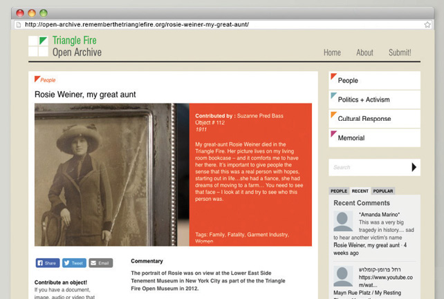A screenshot of The Triangle Fire Open Archive website shows the same photo of Rosie Weiner from Fig. 2 appears next to a short text about Weiner.