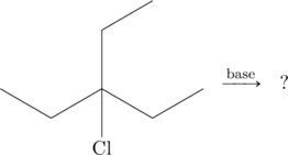 \begin{array}{ccc} \chemfig{-[:-30]-[:30](-[:-90]Cl)(-[:90]-[:30])-[:-30]-[:30]}&\xrightarrow{\text{base}}&? \end{array}