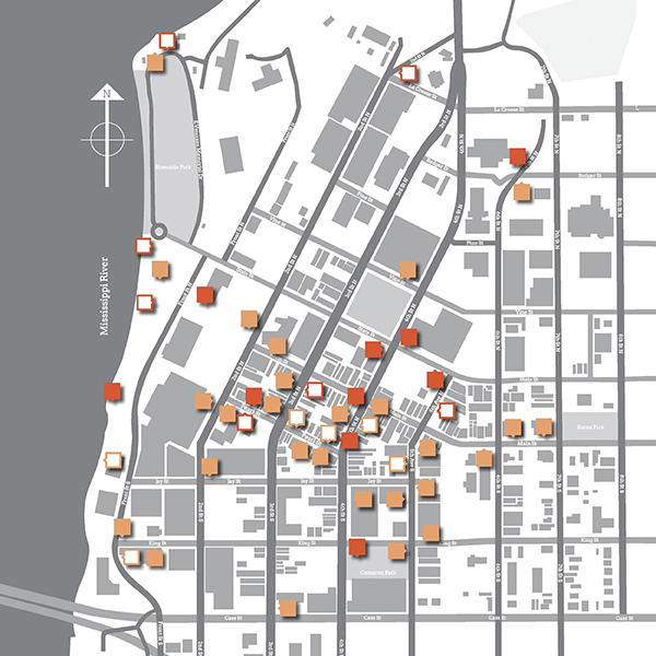 Map of downtown La Crosse with markers indicating where the stories are located.