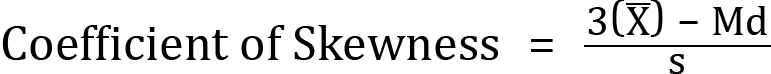 <mml:math xmlns:mml="http://www.w3.org/1998/Math/MathML" xmlns:m="http://schemas.openxmlformats.org/officeDocument/2006/math" display="block"><mml:mi mathvariant="normal">C</mml:mi><mml:mi mathvariant="normal">o</mml:mi><mml:mi mathvariant="normal">e</mml:mi><mml:mi mathvariant="normal">f</mml:mi><mml:mi mathvariant="normal">f</mml:mi><mml:mi mathvariant="normal">i</mml:mi><mml:mi mathvariant="normal">c</mml:mi><mml:mi mathvariant="normal">i</mml:mi><mml:mi mathvariant="normal">e</mml:mi><mml:mi mathvariant="normal">n</mml:mi><mml:mi mathvariant="normal">t</mml:mi><mml:mi mathvariant="normal"> </mml:mi><mml:mi mathvariant="normal">o</mml:mi><mml:mi mathvariant="normal">f</mml:mi><mml:mi mathvariant="normal"> </mml:mi><mml:mi mathvariant="normal">S</mml:mi><mml:mi mathvariant="normal">k</mml:mi><mml:mi mathvariant="normal">e</mml:mi><mml:mi mathvariant="normal">w</mml:mi><mml:mi mathvariant="normal">n</mml:mi><mml:mi mathvariant="normal">e</mml:mi><mml:mi mathvariant="normal">s</mml:mi><mml:mi mathvariant="normal">s</mml:mi><mml:mo>=</mml:mo><mml:mfrac><mml:mrow><mml:mn>3</mml:mn><mml:mfenced separators="|"><mml:mrow><mml:mover accent="true"><mml:mrow><mml:mi mathvariant="normal">X</mml:mi></mml:mrow><mml:mo>-</mml:mo></mml:mover></mml:mrow></mml:mfenced><mml:mo>-</mml:mo><mml:mi mathvariant="normal">M</mml:mi><mml:mi mathvariant="normal">d</mml:mi></mml:mrow><mml:mrow><mml:mi mathvariant="normal">s</mml:mi></mml:mrow></mml:mfrac></mml:math>