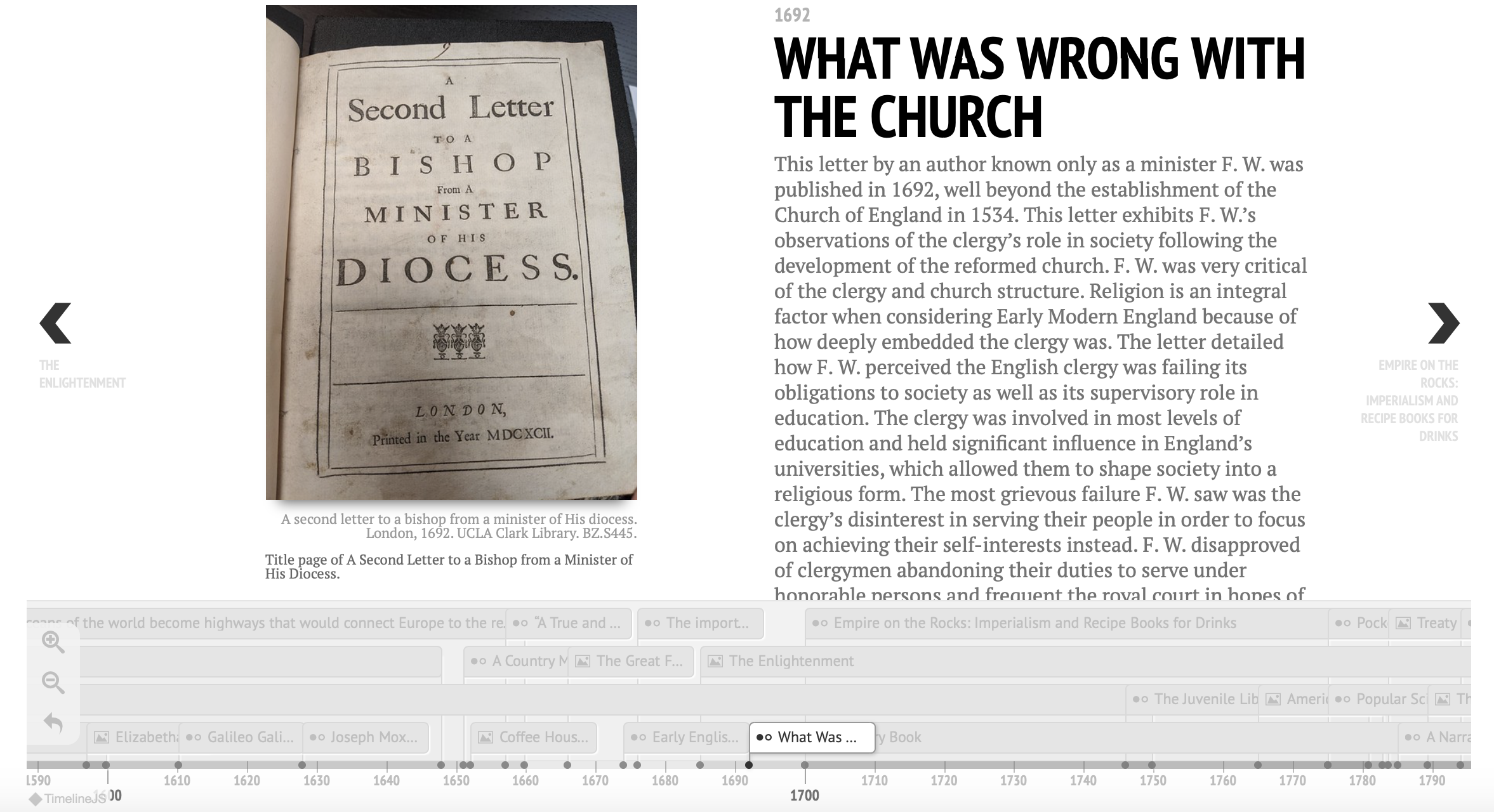 Timeline entry with image of title page of A Second Letter to a Bishop from a Minister of His Diocese.