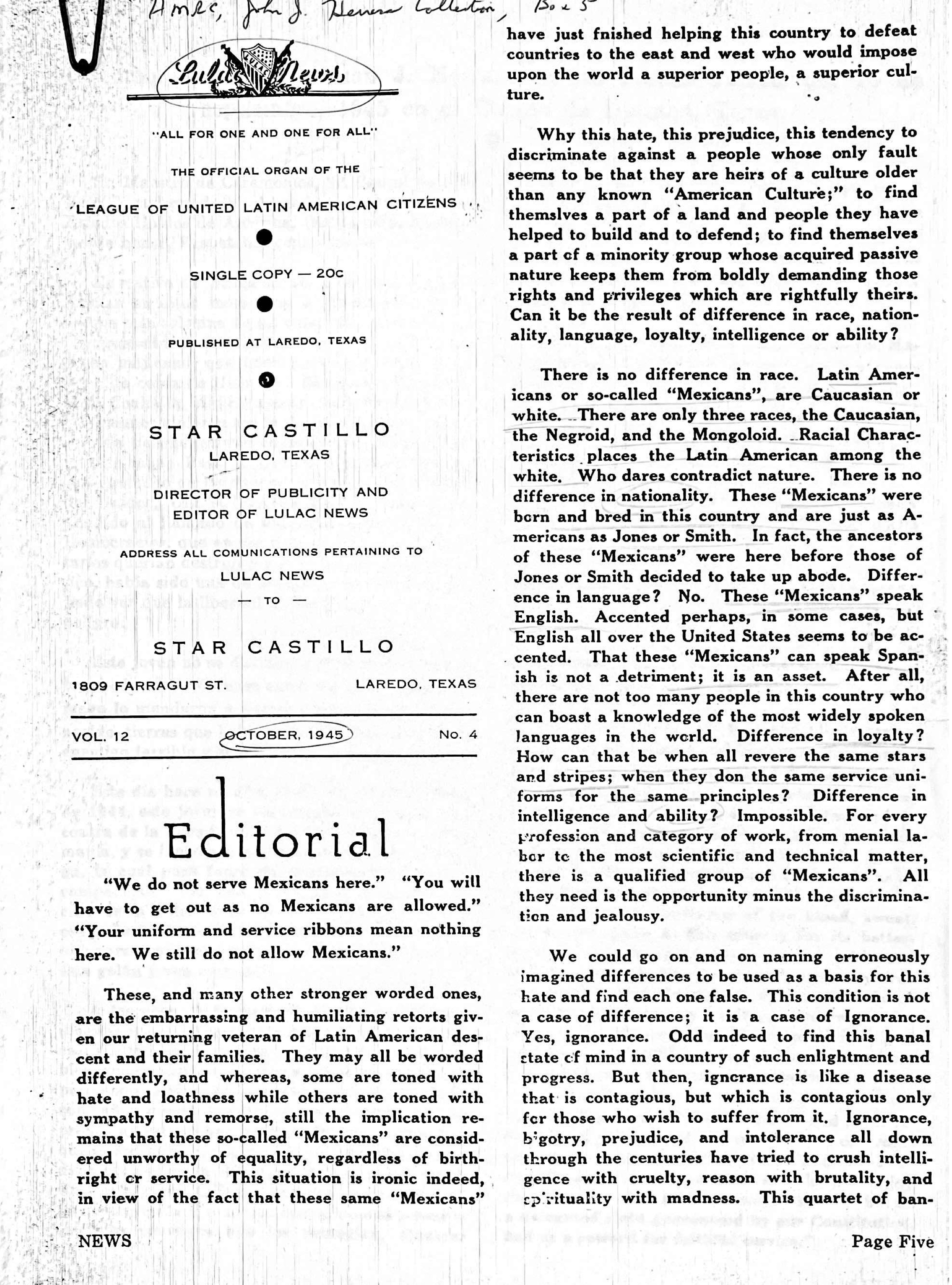 An editorial from LULAC News in October 1945 -- the same text featured above