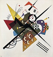 Cubist painting by Kandinsky that shows many shapes and colors on white background. 