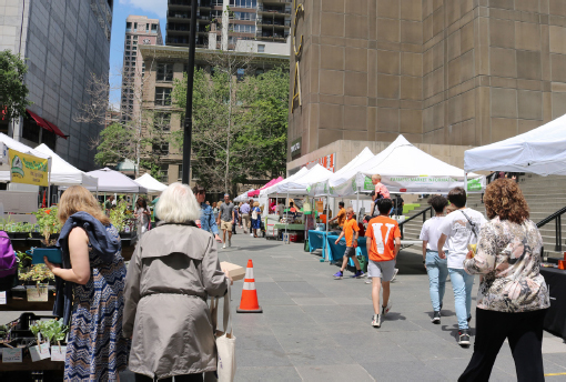 Several stalls are set along the plaza, with people walking in the middle area. Large buildings surround the plaza.