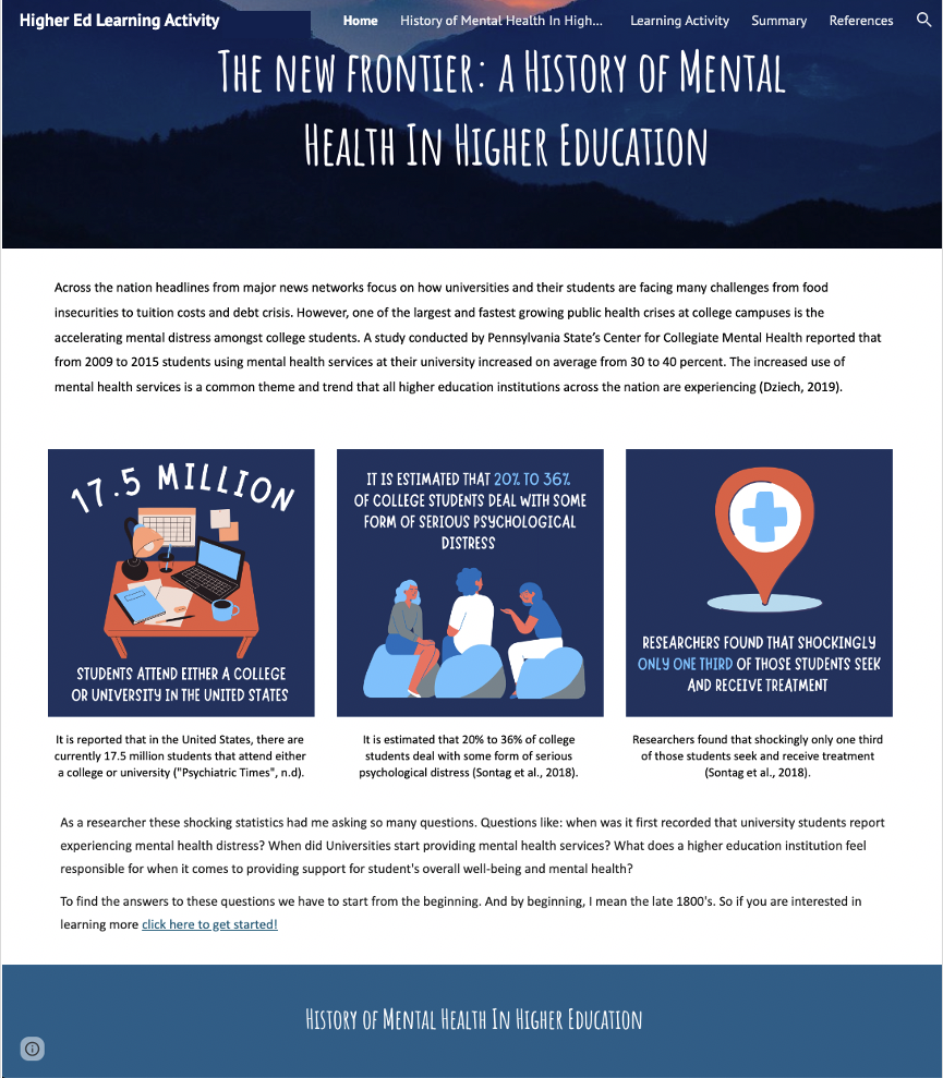 A screenshot of a student's learning activity showing an infographic featuring icons of students with statistics regarding mental health.