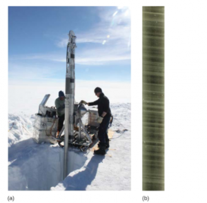 Hole made in ice with ice core machine on the ground by the hole with the corer in the hole. Two scientists are running the machine.