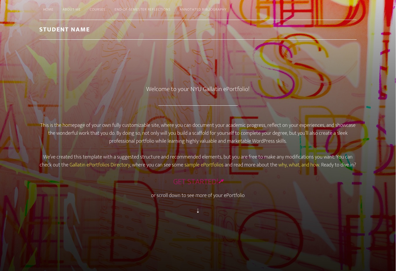 Screenshot of Gallatin ePortfolio template, displaying the main navigational elements and the homepage welcome message.