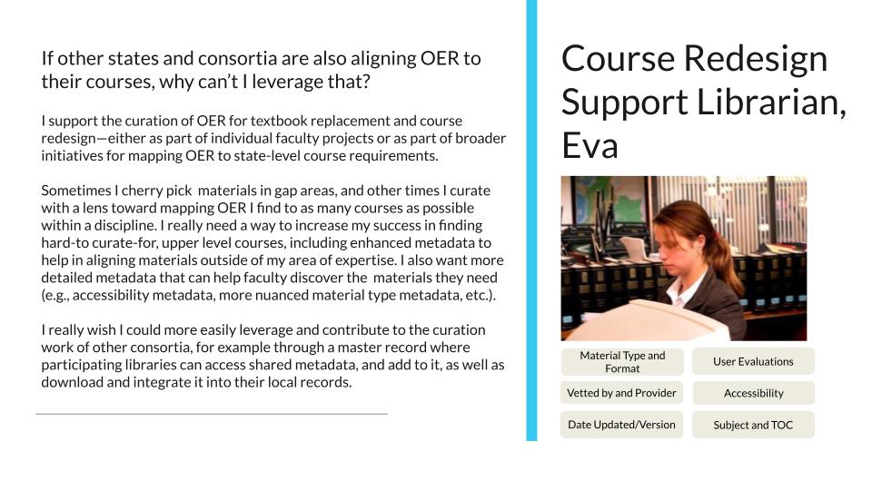 Persona description for Course Redesign Support Librarian, Eva