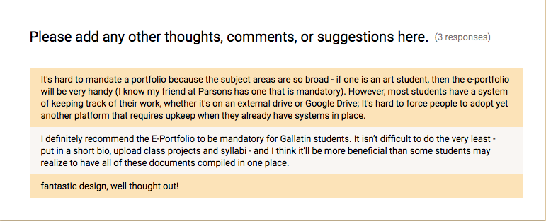 Additional comments: other systems for saving work, ePortfolios should be mandatory, and favorable thoughts about the design.