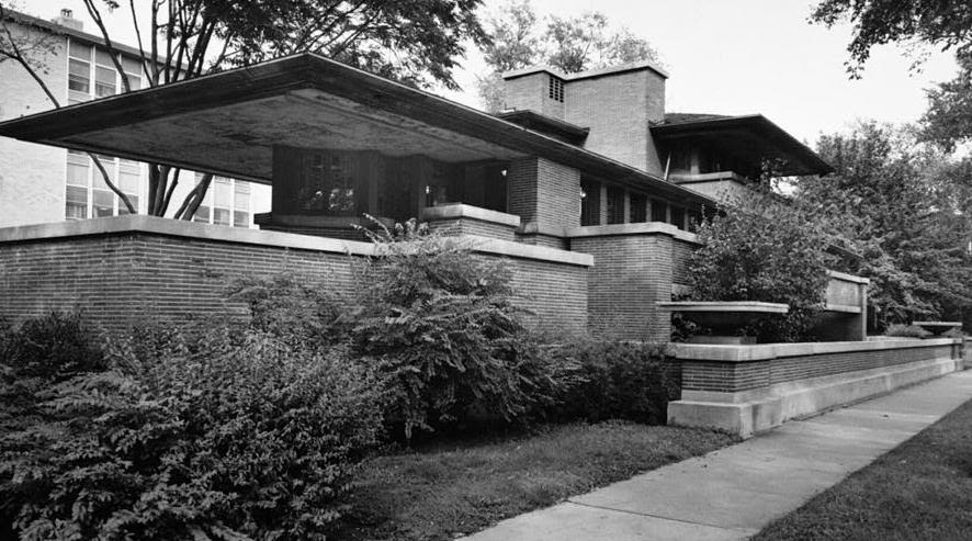 Historic American Buildings Survey Cervin Robinson, Photographer, 18 August 1963 EXTERIOR FROM SOUTHWEST - Frederick C. Robie House, 5757 Woodlawn Avenue, Chicago, Cook County, IL 5 x 7 inches (Library of Congress HABS ILL,16-CHIG,33--3)