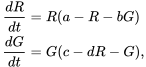\begin{align} \frac{dR}{dt} & =R(a-R-bG) \\ \frac{dG}{dt} & =G(c-dR-G), \end{align}