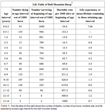 Life table of Dall mountain sheep