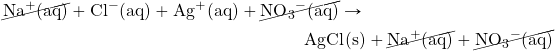 \begin{multline*} \cancel{\ce{Na^+(aq)}}+\ce{Cl^-(aq)}+\ce{Ag^+(aq)}+\cancel{\ce{NO3^-(aq)}}\rightarrow \\ \ce{AgCl(s)}+\cancel{\ce{Na^+(aq)}}+\cancel{\ce{NO3^-(aq)}} \end{multline*}