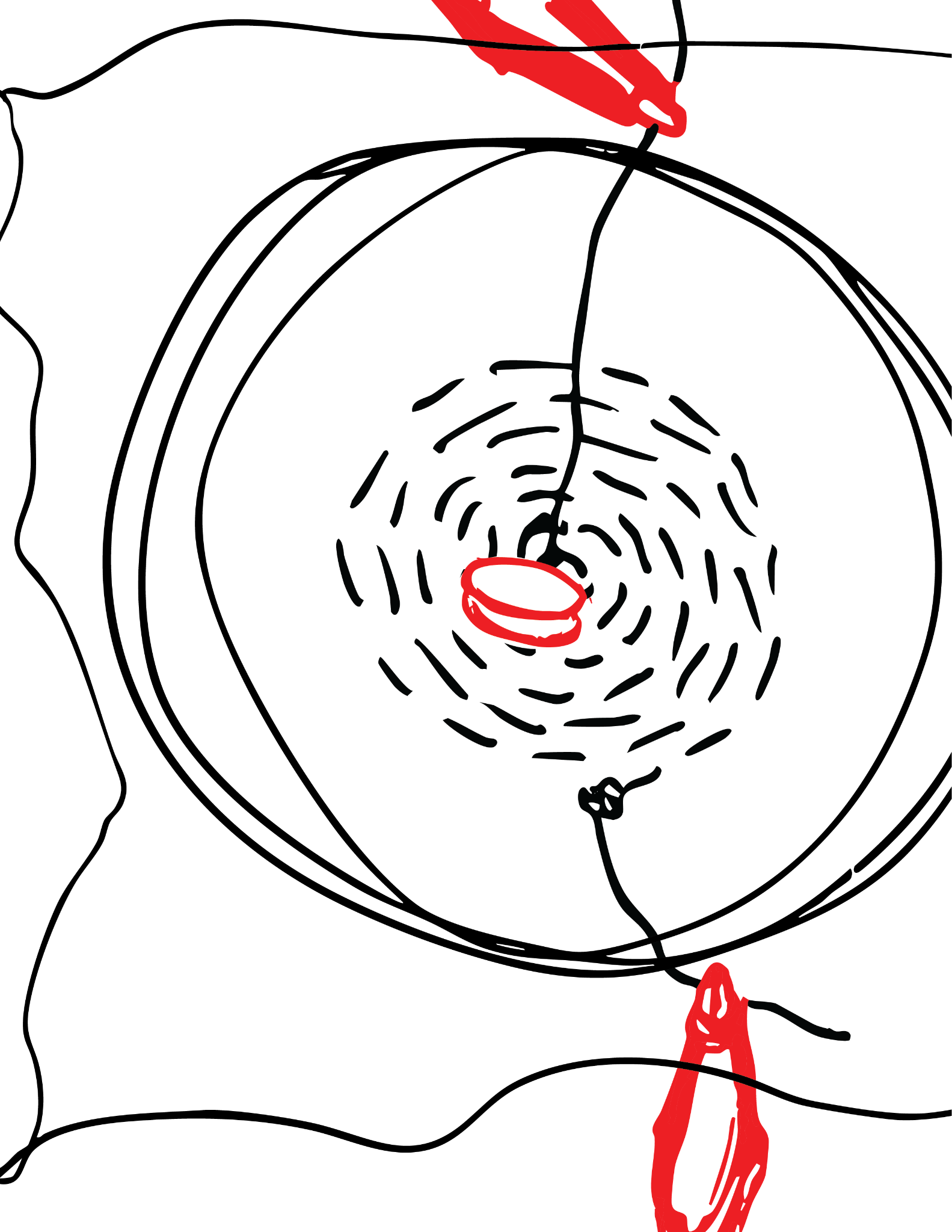 A black and white illustration of the stitched embroidery hoop connected to the red alligator clips, with a red circular neodyfmium magnet placed near the center of the hoop.