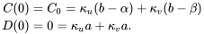\begin{align} C(0)&=C_0=\kappa_u(b-\alpha)+\kappa_v(b-\beta)\\ D(0)&=0=\kappa_ua+\kappa_va. \end{align}