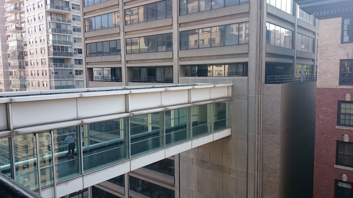 Photo of the skybridge at CUNY Hunter College (connecting West and East buildings, hovering Lexington Avenue).