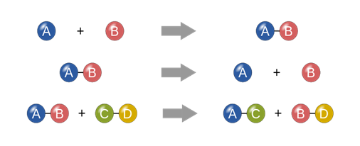 Figure 3.6 Representation of three types of chemical reactions. From top to bottom: synthesis, decomposition, and exchange 