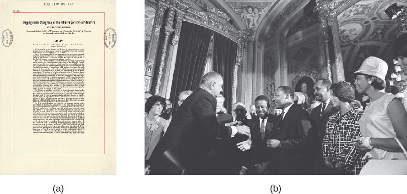 Image A is an official document. The text is unreadable. Image B is of a group of people, including Lyndon B. John, Martin Luther King Jr., and Rosa Parks.