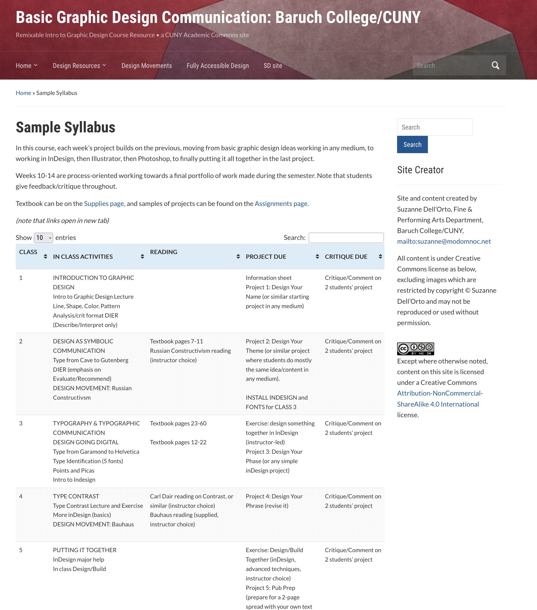 Basic Graphic Communication, Baruch College, CUNY website: Sample syllabus page including in class activities, project due, and critique due.  