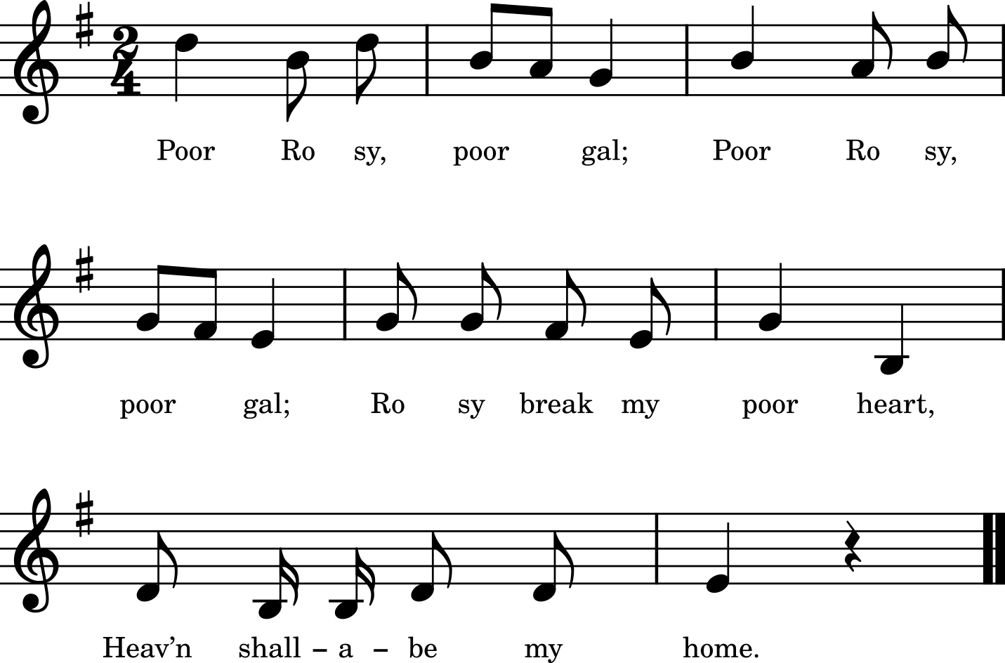 Three lines of musical notation with the lyrics “Poor Rosy, poor gal; Poor Rosy, poor gal; Rosy break my poor heart, Heav’n shall-a-be my home.”
