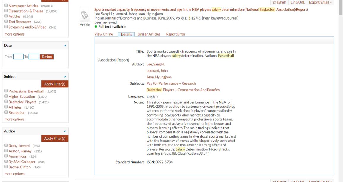 Screenshot of a record for an article entitled "Sports market capacity, frequency of movements, and age in the NBA players salary determination" with the "Subjects" section of the record highlighted. The subjects are Library of Congress subject headings that read "Pay For Performance -- Research" and "Basketball Players -- Compensation and Benefits."