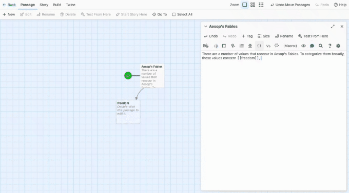 Looping screen recording of the author typing a new passage connection using double brackets inside the passage editor, which automatically creates a new passage instance in the map.