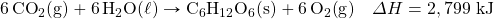 \ce{6CO2(g)}+\ce{6H2O(\ell)}\rightarrow \ce{C6H12O6(s)}+\ce{6O2(g)}\quad\Delta H=2,799\text{ kJ}