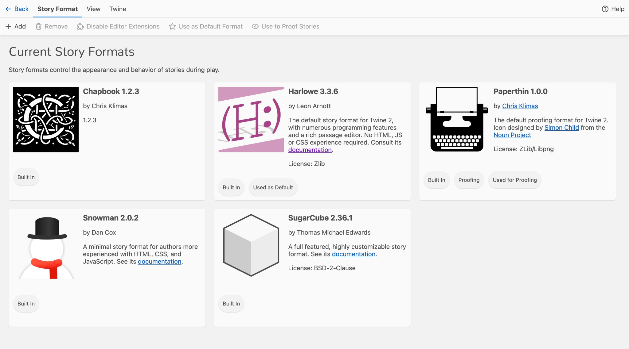 Screenshot of the story formats menu in the Twine editor. Featured formats are Chapbook 1.2.3, Harlow 3.3.6, Paperthin 1.0.0, Snowman 2.0.2, and SugarCube 2.36.1.