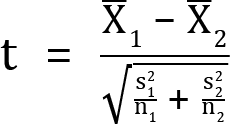 <mml:math xmlns:mml="http://www.w3.org/1998/Math/MathML" xmlns:m="http://schemas.openxmlformats.org/officeDocument/2006/math" display="block"><mml:mi mathvariant="normal">t</mml:mi><mml:mo>=</mml:mo><mml:mfrac><mml:mrow><mml:msub><mml:mrow><mml:mover accent="true"><mml:mrow><mml:mi mathvariant="normal">X</mml:mi></mml:mrow><mml:mo>-</mml:mo></mml:mover></mml:mrow><mml:mrow><mml:mn>1</mml:mn></mml:mrow></mml:msub><mml:mo>-</mml:mo><mml:msub><mml:mrow><mml:mover accent="true"><mml:mrow><mml:mi mathvariant="normal">X</mml:mi></mml:mrow><mml:mo>-</mml:mo></mml:mover></mml:mrow><mml:mrow><mml:mn>2</mml:mn></mml:mrow></mml:msub></mml:mrow><mml:mrow><mml:msqrt><mml:mfrac><mml:mrow><mml:msubsup><mml:mrow><mml:mi mathvariant="normal">s</mml:mi></mml:mrow><mml:mrow><mml:mn>1</mml:mn></mml:mrow><mml:mrow><mml:mn>2</mml:mn></mml:mrow></mml:msubsup></mml:mrow><mml:mrow><mml:msub><mml:mrow><mml:mi mathvariant="normal">n</mml:mi></mml:mrow><mml:mrow><mml:mn>1</mml:mn></mml:mrow></mml:msub></mml:mrow></mml:mfrac><mml:mo>+</mml:mo><mml:mfrac><mml:mrow><mml:msubsup><mml:mrow><mml:mi mathvariant="normal">s</mml:mi></mml:mrow><mml:mrow><mml:mn>2</mml:mn></mml:mrow><mml:mrow><mml:mn>2</mml:mn></mml:mrow></mml:msubsup></mml:mrow><mml:mrow><mml:msub><mml:mrow><mml:mi mathvariant="normal">n</mml:mi></mml:mrow><mml:mrow><mml:mn>2</mml:mn></mml:mrow></mml:msub></mml:mrow></mml:mfrac></mml:msqrt></mml:mrow></mml:mfrac></mml:math>
