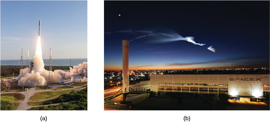 Photo A shows a rocket launching from the ground. Photo B shows a white streak across a dark sky, beneath which is a large building with the word “SpaceX”.