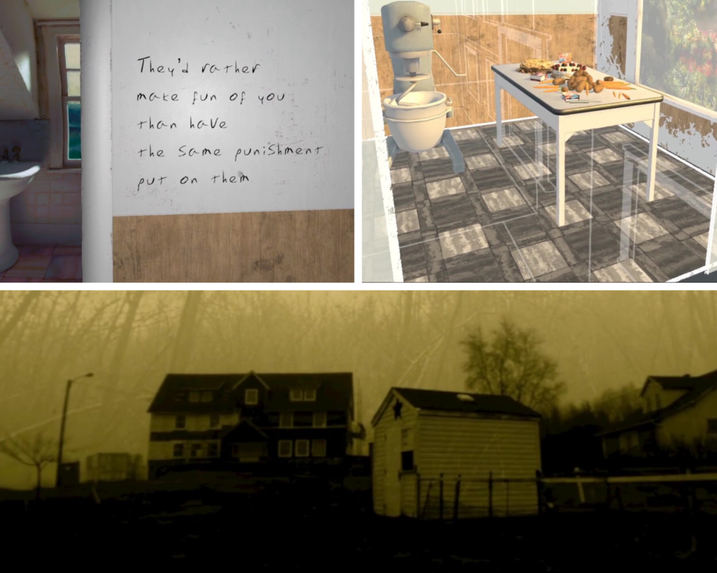 Figure 5. Morrison’s story, “Swamp Water” (top left) shows 3D graphics blended with 2D video and 360-degree video in a bathroom interior. Dorrington-Skinner’s story, “Mrs. Johnson’s Helper” shows a kitchen with partially transparent walls. Smith’s story, “The Switch” (bottom) shows different video sequences layered over one another.