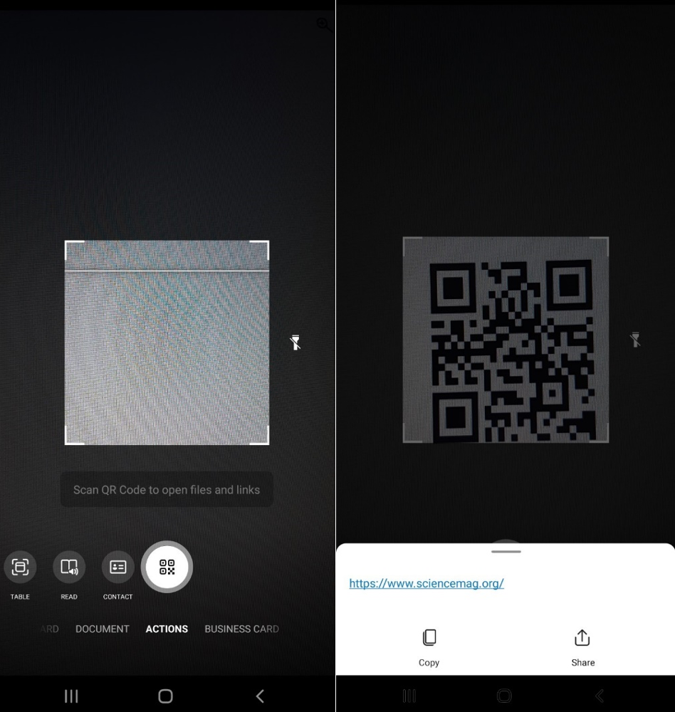 Two panes: The first, an image of standard QR code scanning software on an Android device. The second, the view on an Android once a QR code has been scanned.