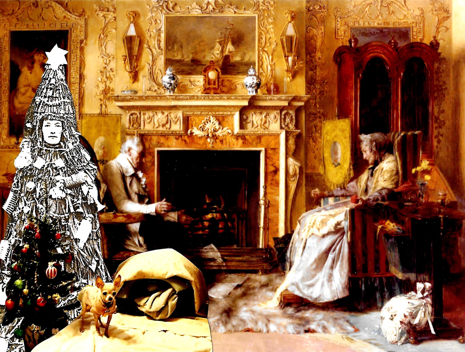 Elderly couple sit in front of fireplace next to Christmas tree. A tiny chihuahua with her own tree in on the floor.