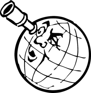 Globe with a face looking through a spyglass