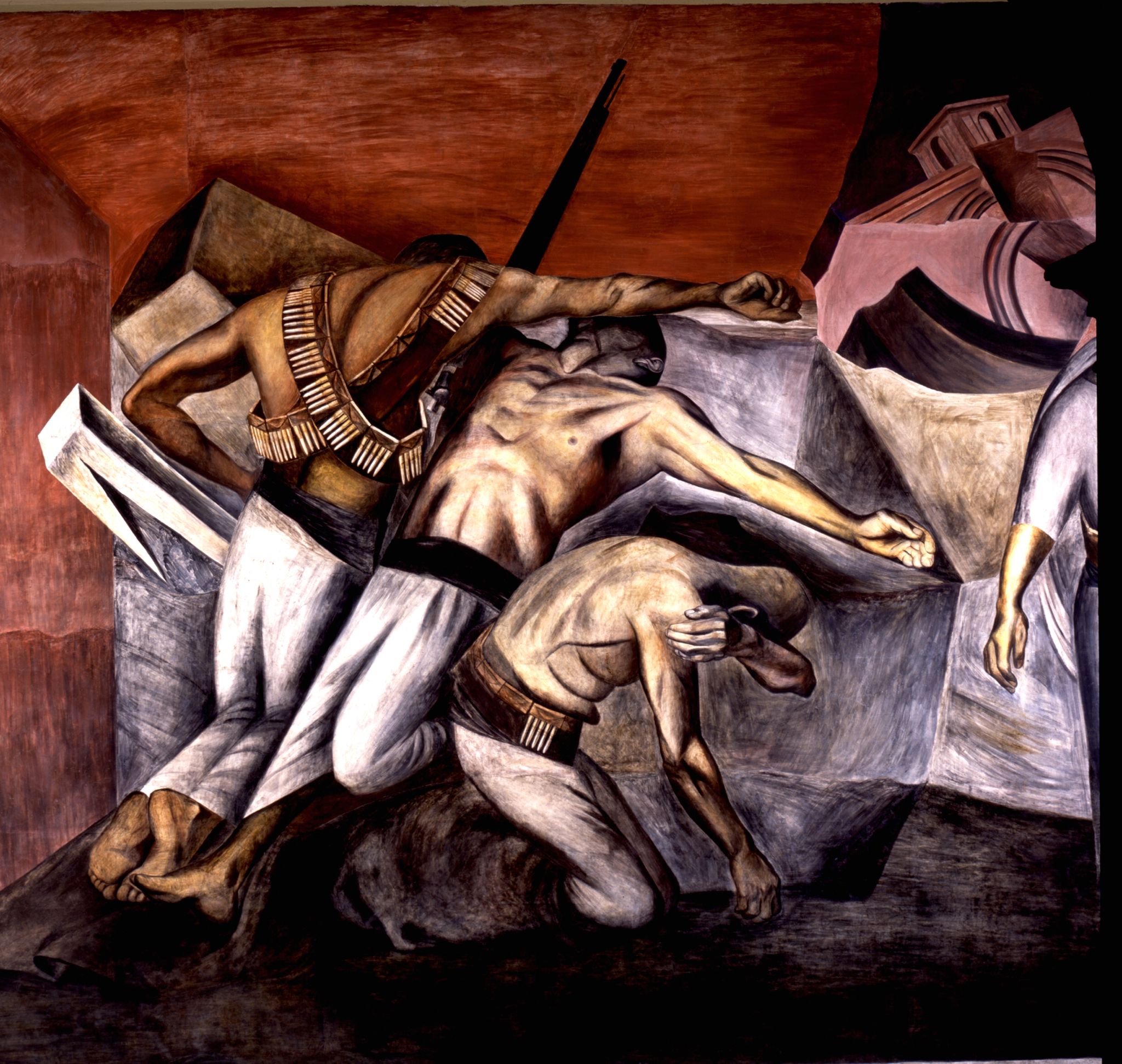 Depicted above are soldiers in the Mexican Revolution in a very somber presentation. A fresco by Orozco. 