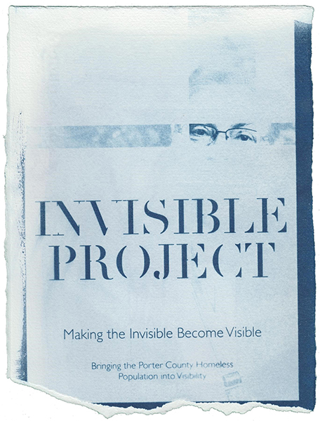 Blue and white cyanotype design with eyes, “Invisible Project” title, and “Making the Invisible Become Visible” subtitle.