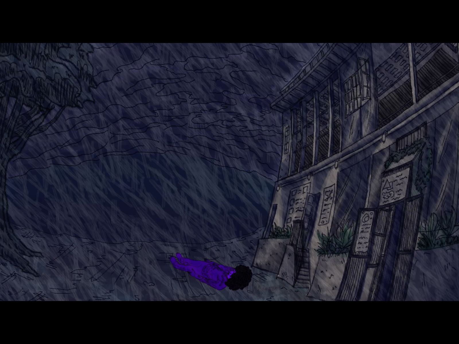 Renella unconscious on the ground in front of a Nsiitu Community Center as a storm rages over her.
